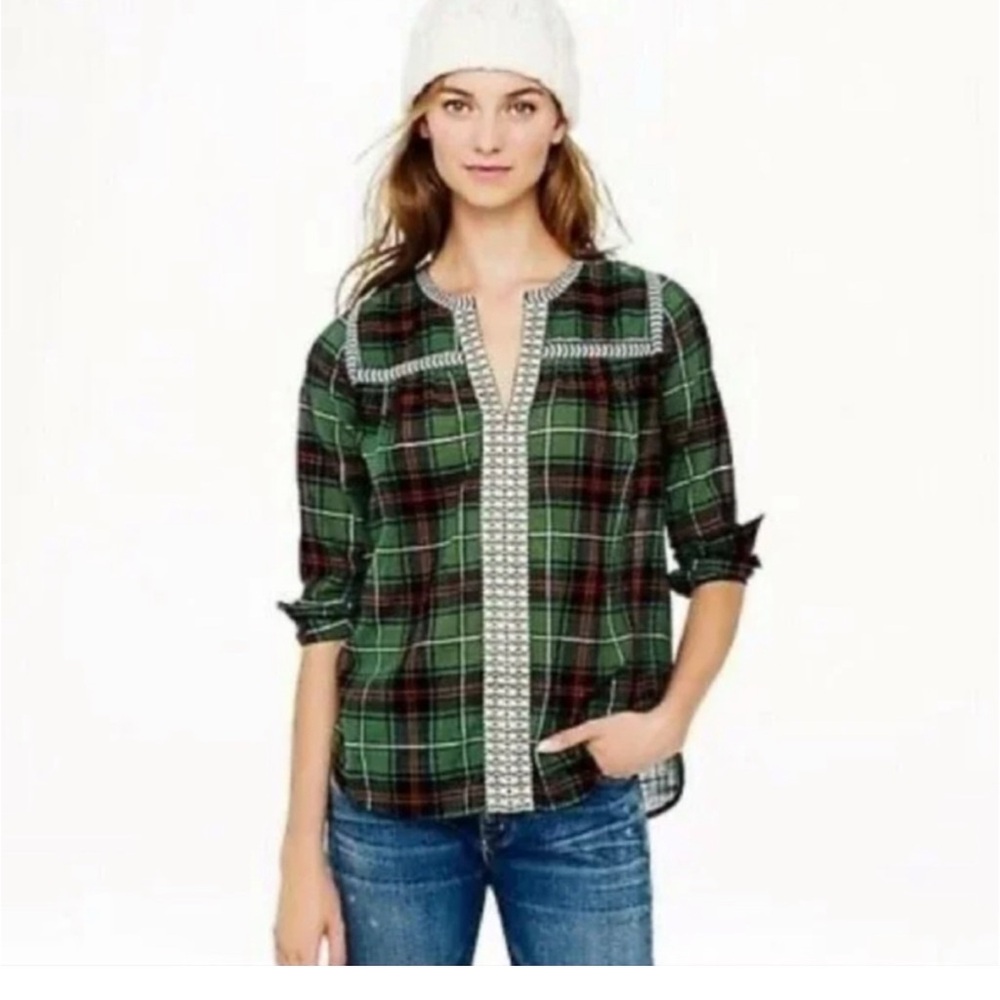 J. Crew Green Plaid Blouse with White Accents